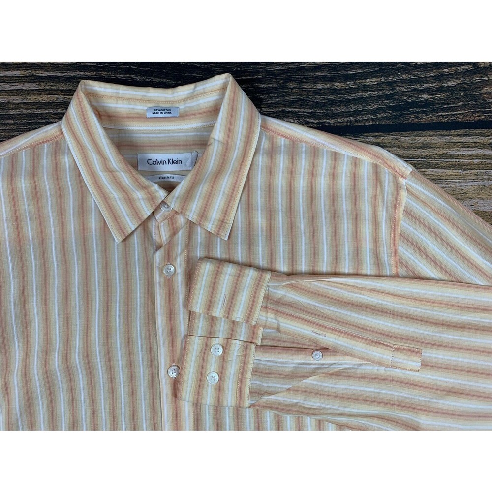 CALVIN KLEIN Men's Sz L "Classic Fit" Shirt Orange Long Sleeve Button Up Striped